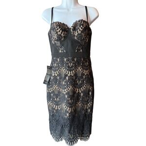 Bebe Lace Bustier Dress Womens Size 2 Black Nude Bodycon Strap Party New